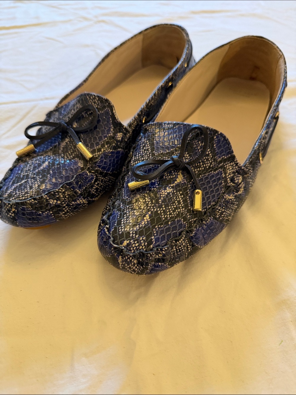 Cole Haan Blue Snake-Print Moccasin/Driver Loafers with Bow